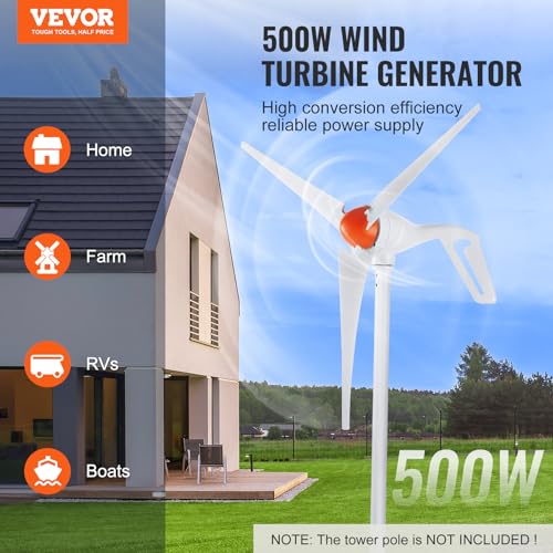 VEVOR 12V-500W Wind Turbine Generator Kit with Anemometer, 3-Blade Wind Power Generator, MPPT Controller & Adjustable Windward Direction, Suitable for Home, RVs, Boats, Farm - style: 12V 500W 3-Blade with Anemometer