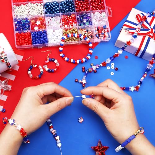 UPINS Patriotic Bracelet Making Kit Red White Blue Beads for 4th of July - color: Red White Blue