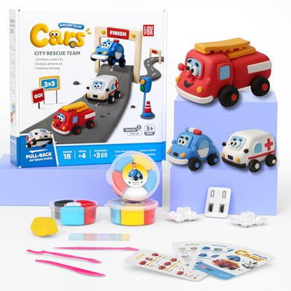 Air Dry Clay Kit for Kids - 3 Boxes Pull Back Car Making - color: City Rescue Team
