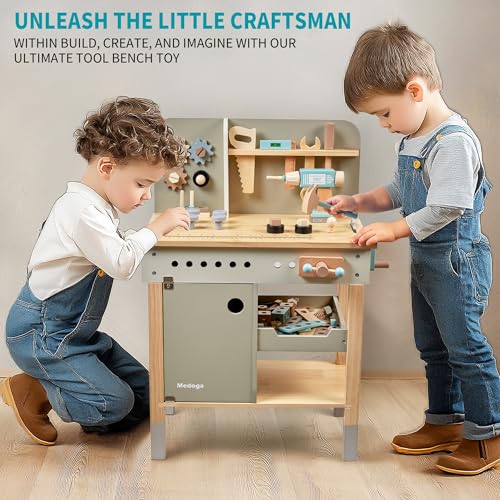 medoga Kids Tool Bench,Wooden Play Tools Set with Kids Tool Belt Workbench Pretend Construction Tools Set Wooden Toy Drill Gift for Boys & Girls Age 3-12 - color: Green