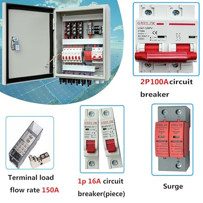 Solar Combiner Box 6 Strings 100A DC Main Circuit Breaker with Power Surge and 16A Circuit Breaker This PV Combiner Box is Suitable for On/Off-Grid Solar Power - size: 6 string 100A