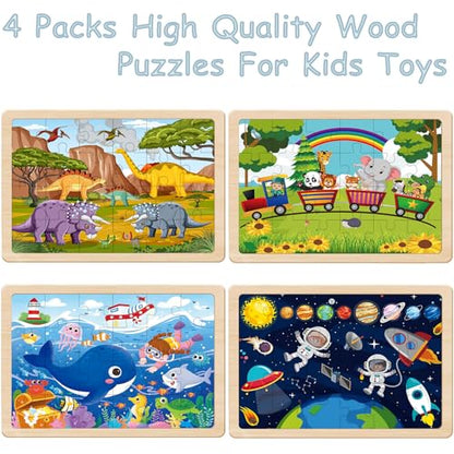 Wooden Puzzles Dinosaur Toys for Kids Ages 3-5, 4 Pack 24 Pieces - color: Wooden Puzzles