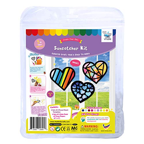 VHALE Suncatchers Craft 3 Sets (9 Cutouts) w Tissue Papers Stained Glass Effect Paper Sun Catcher Kit, Window Art, Classroom Crafts, Creative Art Projects, Kids Party Favors (Valentine Heart) - style: Valentine Heart