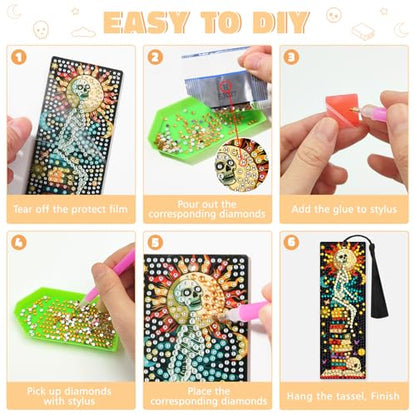 6 PCS Diamond Art Kits Bookmarks Diamond Painting Kit Book Mark, Handmade DIY Skeleton Diamond Art Skull Gem Art Acrylic Tassel Bookmarks for Women Adults, Craft Kits Gift Set for Book Lovers - style: Skeleton