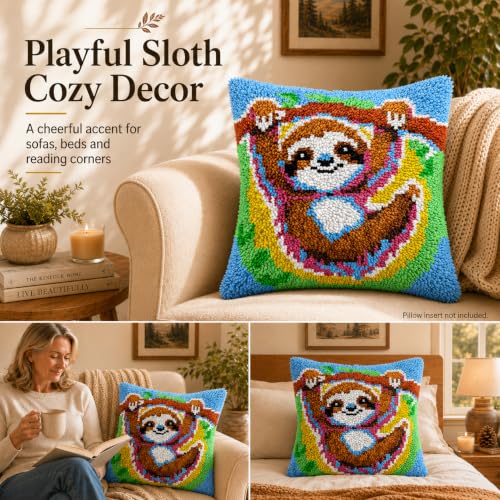 Sloth Latch Hook Pillow Kits for Adults Beginners, Pre-Printed 17" X 17" - color: Cute Sloth