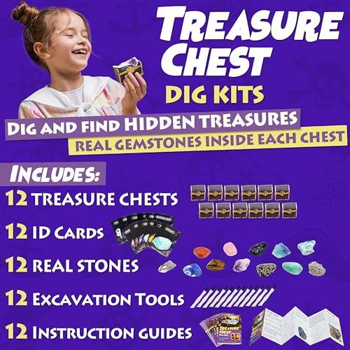 DANCING BEAR Treasure Chest Dig Kit Party Pack for 12 Kids, Excavate 12 Surprise Real Gems & Crystals, STEM Education, Fun Pirate Booty Hunt, Science Activity Gift Sets for Girls and Boys