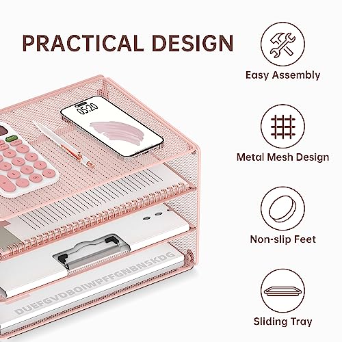 DALTACK 3 Tier Letter Tray Paper Organizer with Sliding Mesh Trays Pink - color: Pink