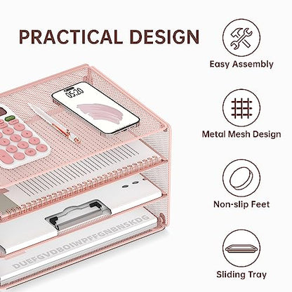 DALTACK 3 Tier Letter Tray Paper Organizer with Sliding Mesh Trays Pink - color: Pink