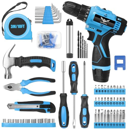JENABOM 146-Piece Home Tool Set with 12V Blue Cordless Drill - color: Blue