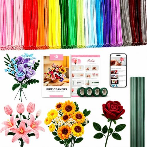 1050 Pcs Pipe Cleaner Flower Kit, Complete DIY Flower Bouquet Making Kit, - color: Colour1000