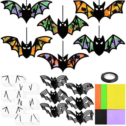 Aneco 24 Sets Halloween Bat Crafts Kits DIY Suncatcher Tissue Sign Paper Craft Halloween Hanging Decorations Window Art Ornaments Decor for School Party Holiday Home Activities - style: Halloween Bats