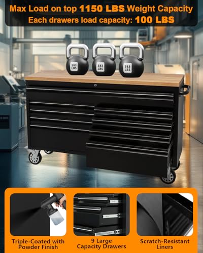 61-Inch Heavy-Duty Rolling Tool Chest with 9 Lockable Drawers, Rubber Wood Tabletop, Steel Storage Cabinet & Workbench for Garage Workshop, Includes Key Lock, Drawer Liners, Wheels in Black - size: 61 Inch