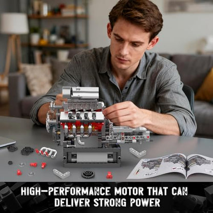 Mould King 10225 V8 Engine Model Kit that Works - Car Engine Building Blocks Kit with Battery, STEM Mechanic Engineering Construction Set, Collection Model Gift for Adults(855 PCS)