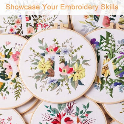 Harimau Letter Pattern T Embroidery Kit for Adult Beginners, Complete Starter Pack with 1 Hoop, Needles, Instruction Guide & Embroidery Stitch Video Tutorials - color: T