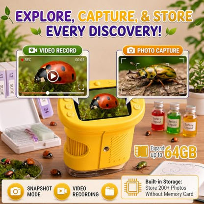 Kids Microscope, 4K 1000X Zoom, 2.4" Screen, STEM Toy for Ages 4-8 - color: Yellow