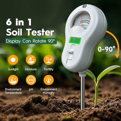 6-in-one Soil Test Kit-Soil Moisture Meter/PH Meter/Fertility/Sunlight Intensity Soil Tester, LCD Air Hygrometer&Temperature Moisture Meter for Plants-Garden, Lawn,Farm,3 Pack Detachable Probe