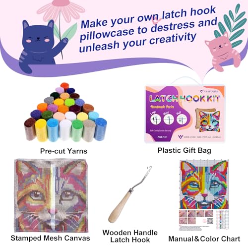 Colorful Cat Latch Hook Pillow Kits for Adults Beginner, Pre-printed Canvas - color: Colorful Cat Head