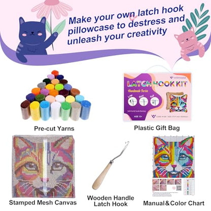 Colorful Cat Latch Hook Pillow Kits for Adults Beginner, Pre-printed Canvas - color: Colorful Cat Head