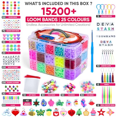 15200+ Rubber Band Bracelet Kit, 25 Colours Loom Bracelet kit - Rubberband Bracelet making kit Includes Clips, Charms, Beads - Rubber Bands for Bracelets, Ideal Gift for Birthday, Halloween, Xmas - color: 25colors 15200+