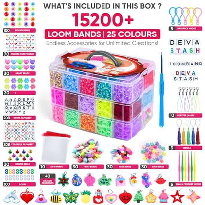 15200+ Rubber Band Bracelet Kit, 25 Colours Loom Bracelet kit - Rubberband Bracelet making kit Includes Clips, Charms, Beads - Rubber Bands for Bracelets, Ideal Gift for Birthday, Halloween, Xmas - color: 25colors 15200+