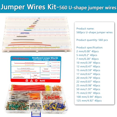 560Pcs Breadboard and Jumper Wire kit PCB Circuit Board Assortment 14 Different Lengths with breadboard，Tweezers，Alligator Clip Test Leads and Plastic Box - size: 560pcs Jumper Wires + 3pcs Breadboards