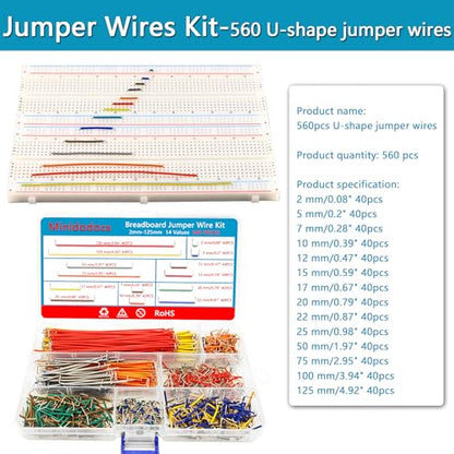560Pcs Breadboard and Jumper Wire kit PCB Circuit Board Assortment 14 Different Lengths with breadboard，Tweezers，Alligator Clip Test Leads and Plastic Box - size: 560pcs Jumper Wires + 3pcs Breadboards