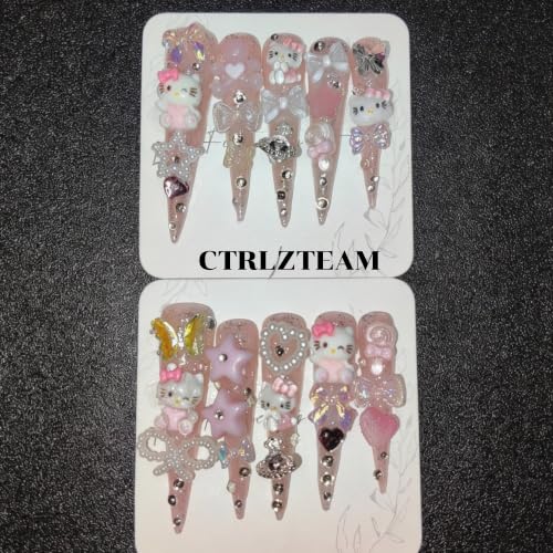 CTRLZTEAM Y2K Kawaii Press on Nails Extra Long Stiletto Pink Glitter Nails - color: Jelly Pink, size: S