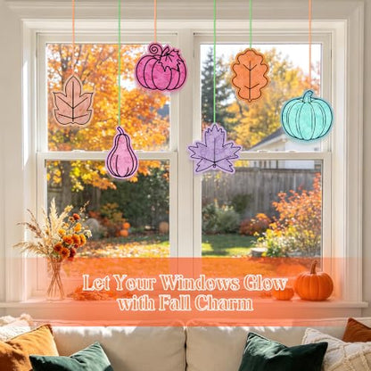 Aneco 24 Sets DIY Boho Fall Pumpkin Suncatchers Craft Kit, Tissue Paper Sign Art Crafts Hanging Decor Window Stained Glass Effect for Thanksgiving Party Supplies Holiday Home Activities Party Favors - style: Boho Fall