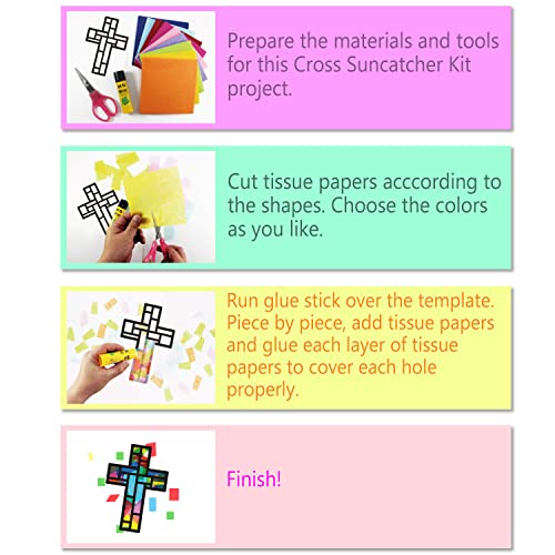 VHALE Suncatchers Craft 3 Sets (9 Cutouts) w Tissue Papers Stained Glass Effect Paper Sun Catcher Kit, Window Art, Classroom Crafts, Creative Art Projects, Kids Party Favors (Cross) - style: Cross