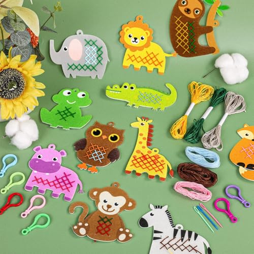 Cross Embroidery Kit for Kids Beginner 12 Jungle Animals Felt Keyrings Needlepoint Embroidery Starter Set with Jumbo Plastic Needles Pre-Printed Patterns for DIY Arts & Crafts Gift Safari Party Favor