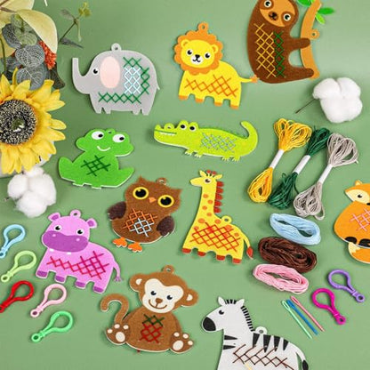 Cross Embroidery Kit for Kids Beginner 12 Jungle Animals Felt Keyrings Needlepoint Embroidery Starter Set with Jumbo Plastic Needles Pre-Printed Patterns for DIY Arts & Crafts Gift Safari Party Favor