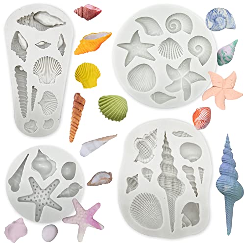 4 PCS Marine Theme Cake Fondant Silicone Mold Seashell Conch Starfish Baking Molds, For Theme Cake Cookie Chocolate Candy Decoration Fondant Polymer Clay - style: Shell conch styles