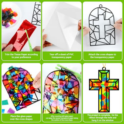 Lonfliness 32 Set Cross Suncatchers Craft DIY Religious VBS Window Stain Glass Effect Paper Christian Home Sunday Easter Decorations Art Craft Creative Activity Project Gift Favor - style: Cross