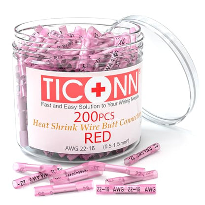 TICONN 200PCS Heat Shrink Butt Connectors, Crimp Wire Connectors Kit - size: Red 200 PCS
