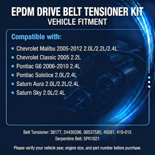 Serpentine Belt Drive Kit with Tensioner Compatible with Chevrolet Malibu 2005-2012 Classic 2005, Pontiac G6 2006-2010 Solstice, Saturn Aura Sky 2.0L 2.2L 2.4L, Replace 38177 24430296 5PK1021 - size: T38177+5PK1021