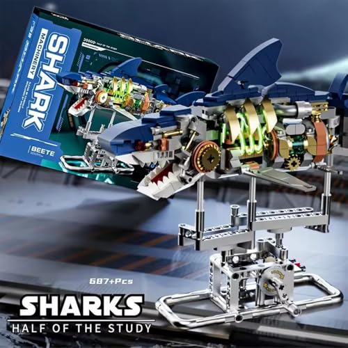 Mechanical Shark Building Set for Boys 12-20 with LED Light and Display Stand, 687 PCS Rotatable Function Sea Animal STEM Toy, Home Decor Gift Adults Teens Kids Boys Ages