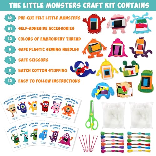CiyvoLyeen Kids Sewing Kit Crafts– Little Monsters Felt Plush DIY Craft Adopt A Monster Educational Sewing Set for Kids Beginner Craft Kit Set of 12 - color: Monster-12 Pcs