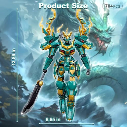 HIGH GODO Mech Robot Building Blocks Set for Adults, Cool Green Dragon Warrior Model Kit with Long Spear Toy Playset, 704 Pieces Collectible Mythical Ninja Gifts for Teens Ages 14+ - color: Green