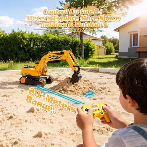 DOUBLE E Remote Control Excavator Toy, 2*Batteries 2.4GHz RC Excavator, 6-in-1 Digging/360° Rotation, 20M Range Sandbox Construction Toys Birthday Gift for Boys/Kids 6+ Years - color: Yellow
