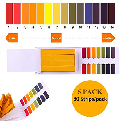 pH Test Strips,5 Packs of 400 Strips pH 1-14 Test Paper,for Urine,Saliva,Drinking Water,Pool,Spa,Soap,Fish Tank and Liquids