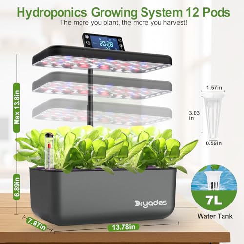 Hydroponics Growing System Kit with Seeds, 12-Pod Indoor Garden with 24W Full-Spectrum LED Grow Light, Smart LCD Control and 7L Water Tank for Herbs, Lettuce, Vegetables and Flowers(Black) - color: black