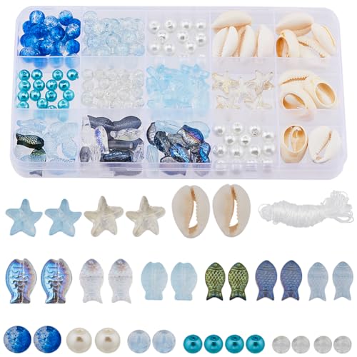 SUNNYCLUE 1 Box 251Pcs Fish Glass Beads Starfish Beads Bulk Natural Seashell Beads Summer Ocean Sea Animal Beading Double Sided Small Fish Starfish Beaded 8mm Round Beads for Jewelry Making Kits - color: Boho Styles Beads Kit-6