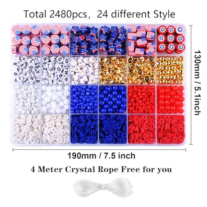 2480pcs President's Independence Day Polymer Clay Beads Charms Friendship Bracelet Necklace Earring Jewelry Making kit, Accessories for Arts Crafts DIY Birthday Gifts for Girls Children American Flag - color: C8#President's Independence Day