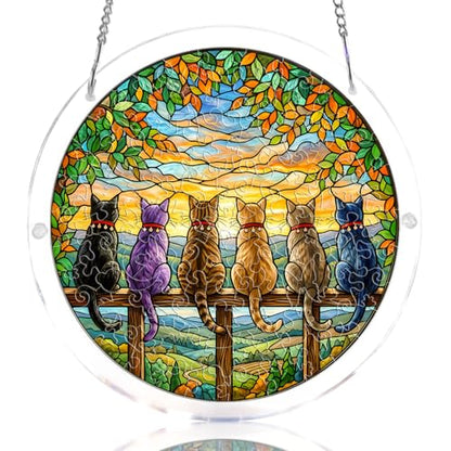 Acrylic Jigsaw Puzzle Suncatcher - Sunset Cats - color: Sunset Cats, size: L-8.9in*8.9in