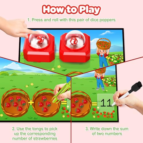 Math Board Games for Kids with Dice Poppers, Math Manipulatives Kindergarten Preschool Math Games Counters Toys, Addition and Subtraction Dice Games Homeschool Supplies Classroom Must Haves - style: Red