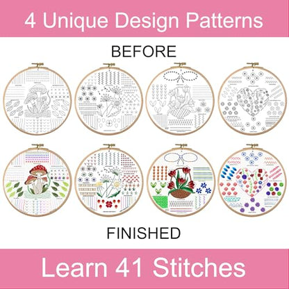 Moni Crafts Adult Beginner Embroidery Kit – 4 Pre-Printed Patterns (Flower, Mushroom, Floral, Heart) – Learn 41 Stitches, Hand Embroidery Starter Craft Set - color: Beginners - Practice B