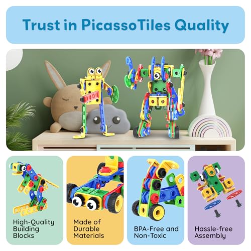 PicassoTiles 201pc STEM Learning Block Construction Kit with Power Drill and Clickable Ratchet Educational Engineering Toy Set Kids Age 3 Plus Preschool Activity Creative Play with Idea Book PTN201 - color: 201pcs Transformation