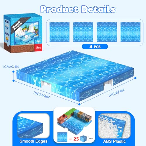 4PCS 4" x 4" Magnetic Building Block Base Plates for Kids, Strong Grip Magnetic blocks Base Compatible with Most Popular Magnetic Blocks & Cubes, STEM Educational Toys for Boys Girls Ages 3+ (Water） - color: 4pcs Water