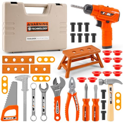 45Pcs Kids Tool Set with Electric Drill Toy and Portable Toddler Toolbox, Tool Box for Kids Age 3-5,Montessori Play Toolbox, STEM Educational Tool Toys Birthday Gift At Ages 3–6 for Pretend Play Sets