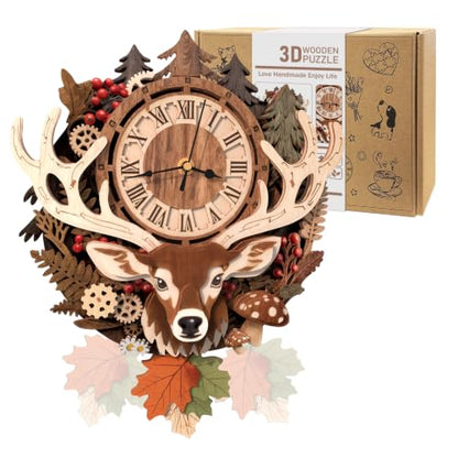3D Puzzles for Adults Wooden Reindeer Puzzle Clock Adult Crafts - color: Reindeer Clock